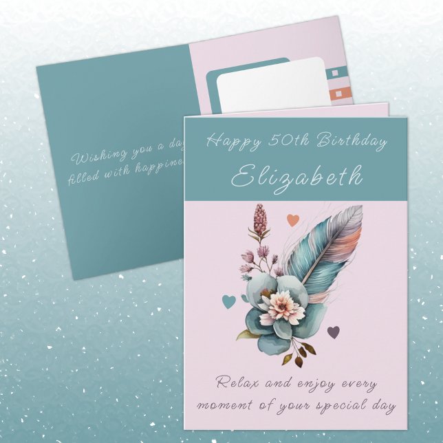 Happy 50th Birthday add name floral green Card (Creator Uploaded)