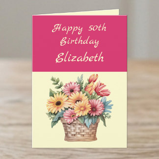 Happy 50th Birthday add name flowers Cerise Card