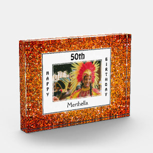 Happy 50th Birthday ANY AGE RED Glitter Photo Block