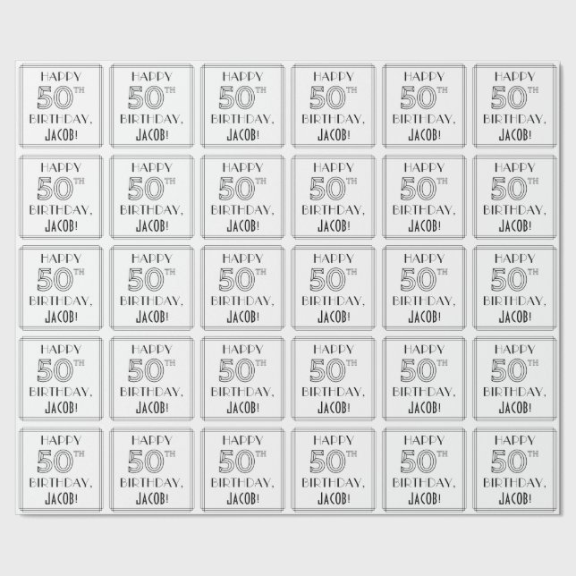 HAPPY 50TH BIRTHDAY; Art Deco Style; Custom Name Wrapping Paper (Seam)