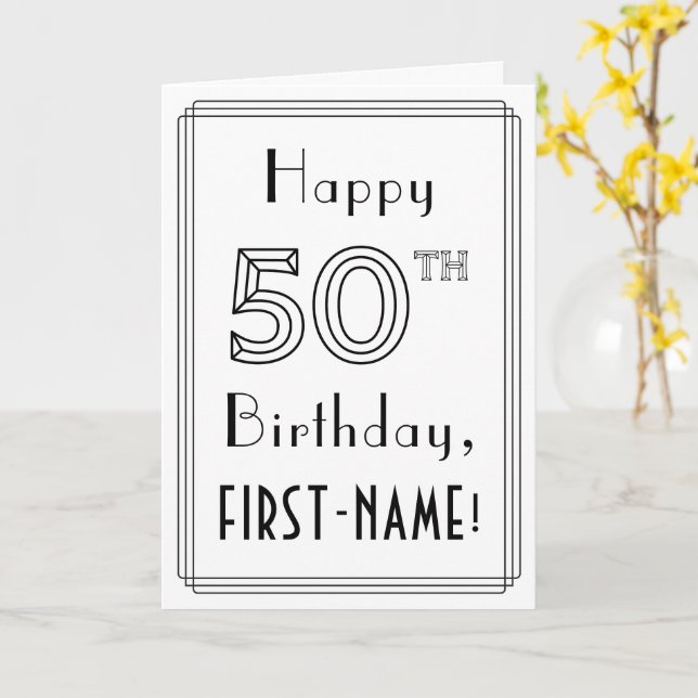 Happy 50th Birthday, Art Deco Style w/ Custom Name Card (Yellow Flower)