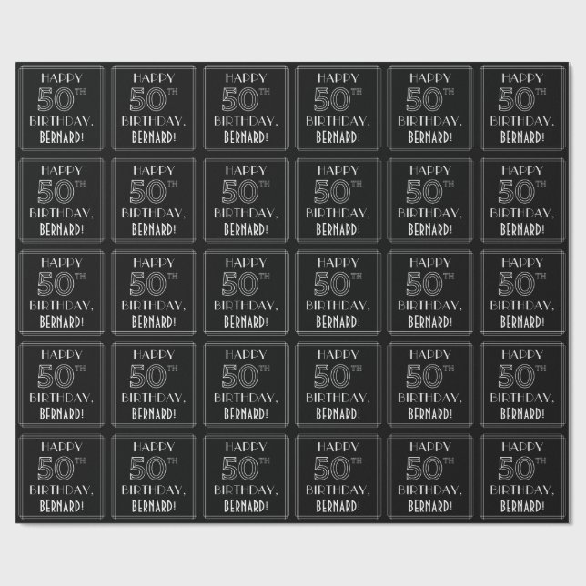 HAPPY 50TH BIRTHDAY; Art Deco Style w/ Custom Name Wrapping Paper (Flat)