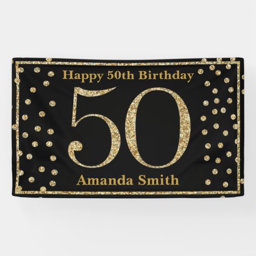 Happy 50th Birthday Banner Black and Gold Glitter