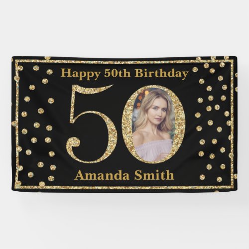 Happy 50th Birthday Banner Black and Gold Photo