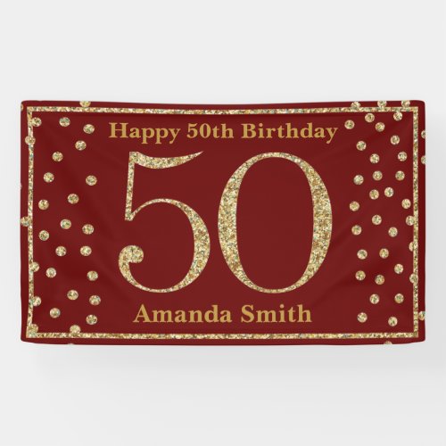 Happy 50th Birthday Banner Burgundy Red Gold