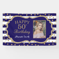 Happy 50th Birthday Banner Navy Blue Gold Photo