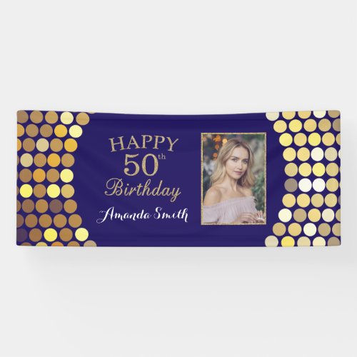 Happy 50th Birthday Banner Navy Blue Gold Photo Banner