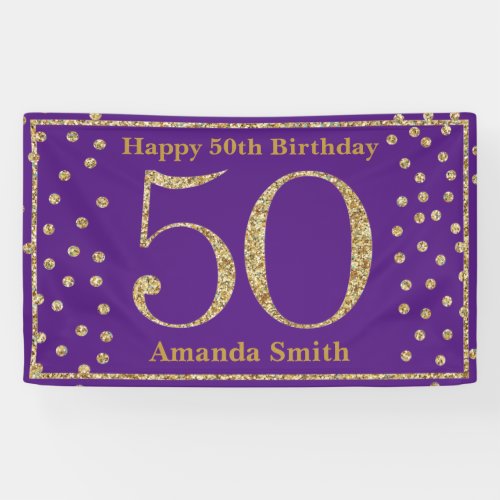 Happy 50th Birthday Banner Purple and Gold Glitter