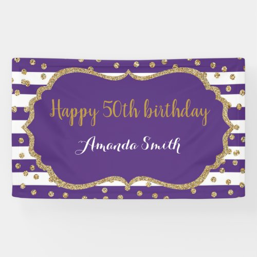 Happy 50th Birthday Banner Purple and Gold Glitter