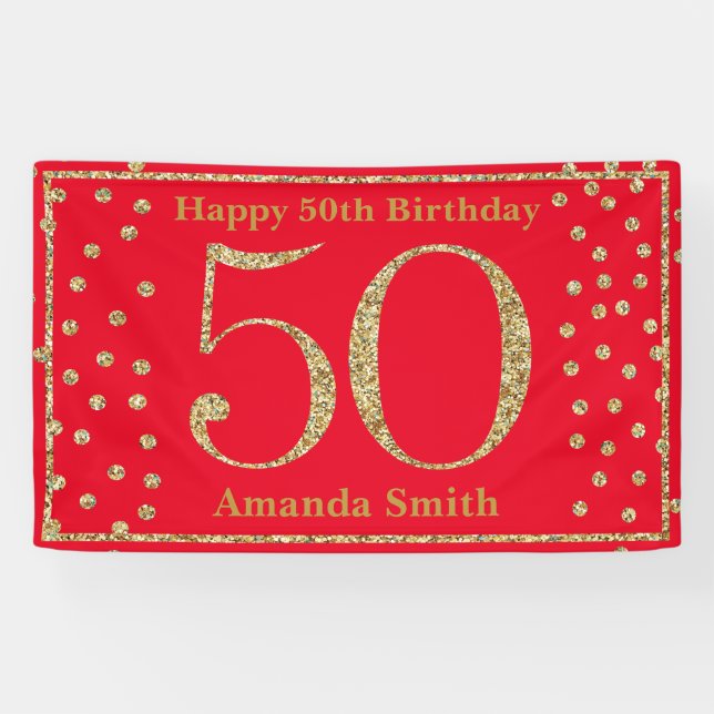 Happy 50th Birthday Banner Red and Gold Glitter (Horizontal)