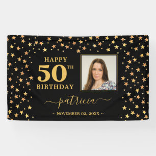 Happy 50th Birthday Black And Gold Stars Photo Banner