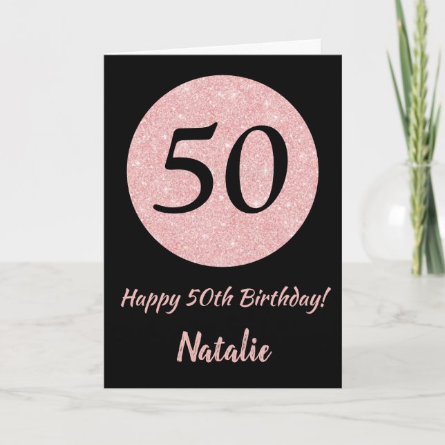 Happy 50th Birthday Black and Rose Pink Gold Card (Front)