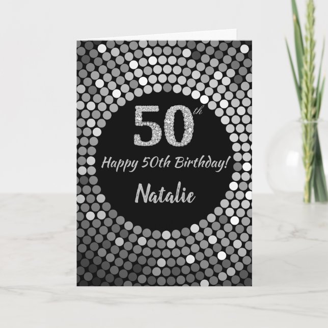 Happy 50th Birthday Black and Silver Glitter Card (Front)