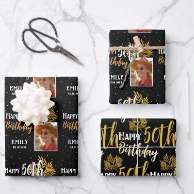 Happy 50th Birthday Black Gold Foliage Photo  Wrapping Paper Sheets