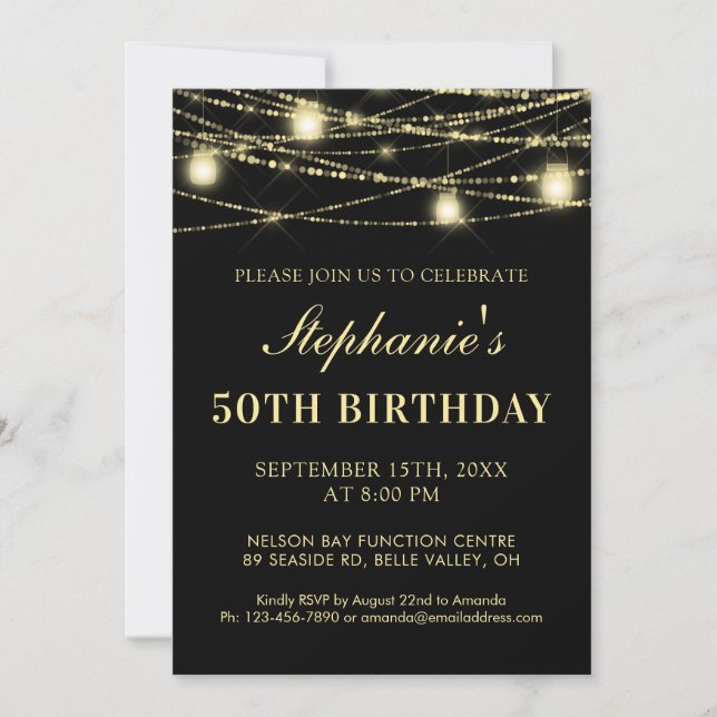 Happy 50th Birthday Black Gold Lights Mason Jars Invitation (Front)