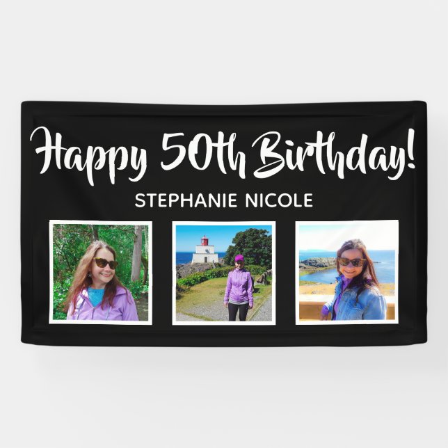 Happy 50th Birthday Black Personalized Photos Banner (Horizontal)