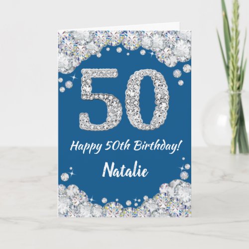 Happy 50th Birthday Blue and Silver Glitter Card