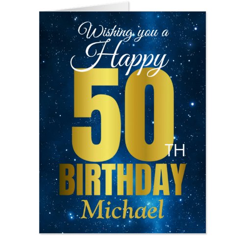 Happy 50th Birthday Blue Gold Jumbo Card