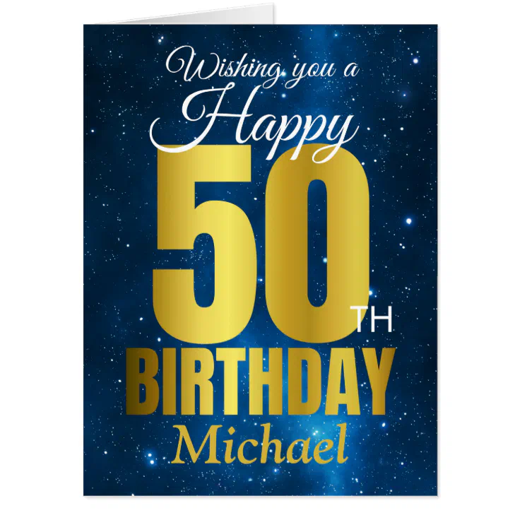 Happy 50th Birthday Blue Gold Jumbo Card | Zazzle