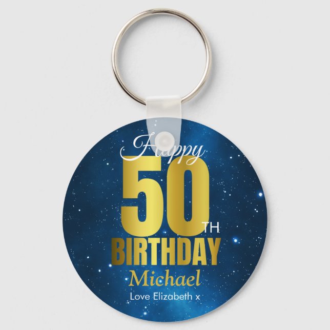 Happy 50th Birthday Blue Gold Keychain (Front)