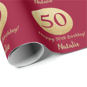 Happy 50th Birthday Burgundy Red and Gold Glitter Wrapping Paper