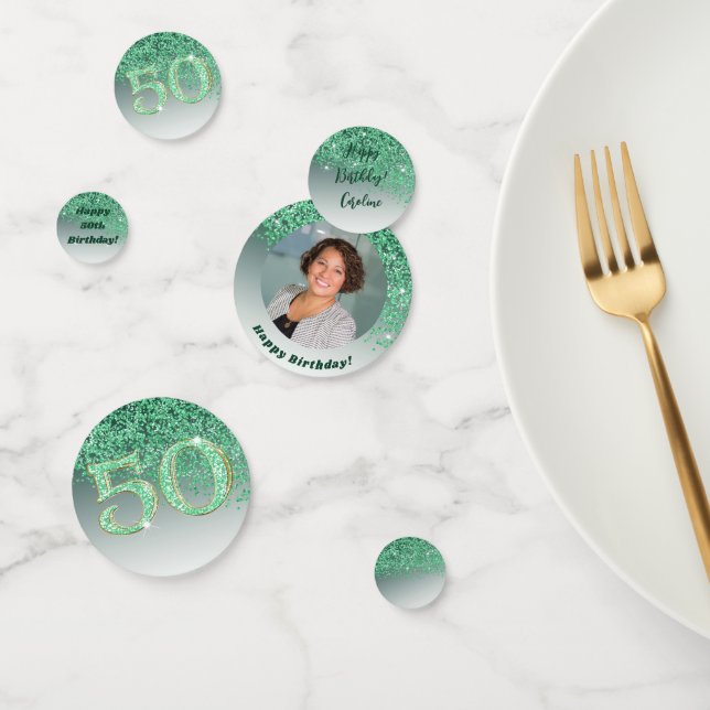 Happy 50th Birthday Chic Falling Green Glitter Confetti (Group)
