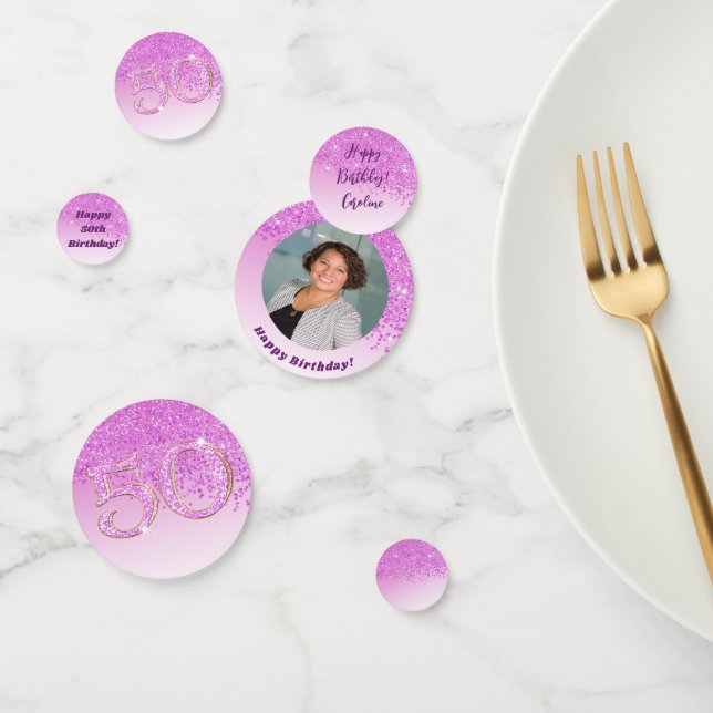 Happy 50th Birthday Chic Falling Pink Glitter Confetti (Group)