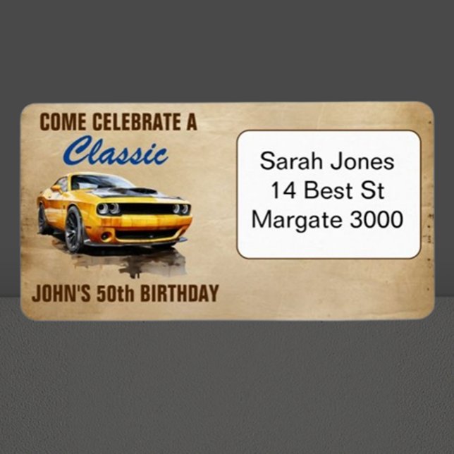 Happy 50th Birthday Classic Muscle Car  Label (Celebrate your special day with a vibrant yellow muscle car illustration! )