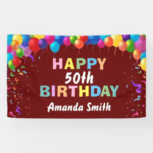 Happy 50th Birthday Colorful Balloons Burgundy Red Banner