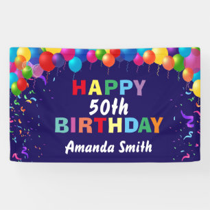 Happy 50th Birthday Colorful Balloons Navy Blue Banner