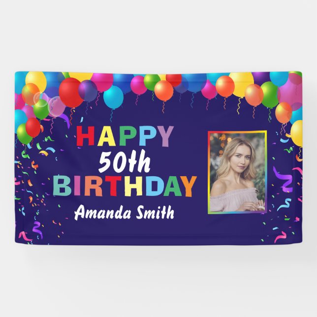 Happy 50th Birthday Colorful Balloons Navy Blue Banner (Horizontal)