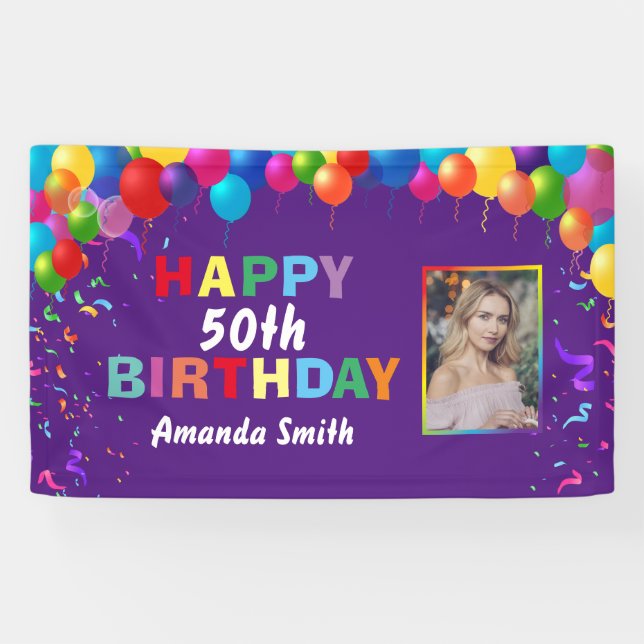 Happy 50th Birthday Colorful Balloons Purple Banner (Horizontal)