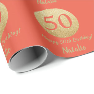Happy 50th Birthday Coral Orange and Gold Glitter Wrapping Paper