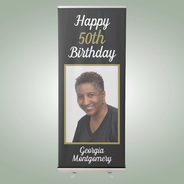 Happy 50th Birthday Custom Photo Script Typography Retractable Banner (Creator Uploaded)