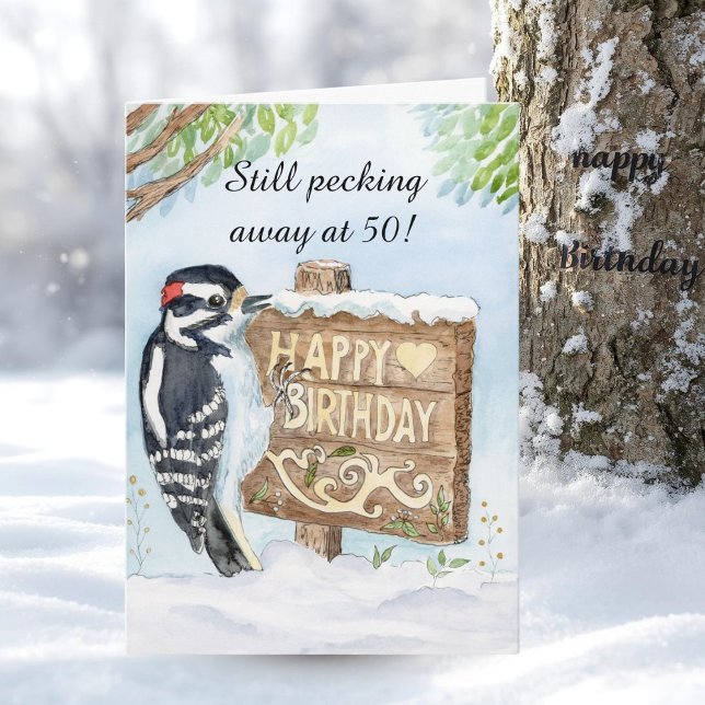 Happy 50th Birthday Downy Woodpecker Card (Creator Uploaded)