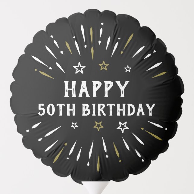 Happy 50th Birthday Fireworks Black White Gold Balloon (Back)
