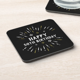 Happy 50th Birthday Fireworks Black White Gold Beverage Coaster