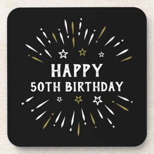 Happy 50th Birthday Fireworks Black White Gold Beverage Coaster