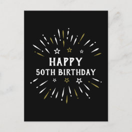 Happy 50th Birthday Fireworks Black White Gold Postcard