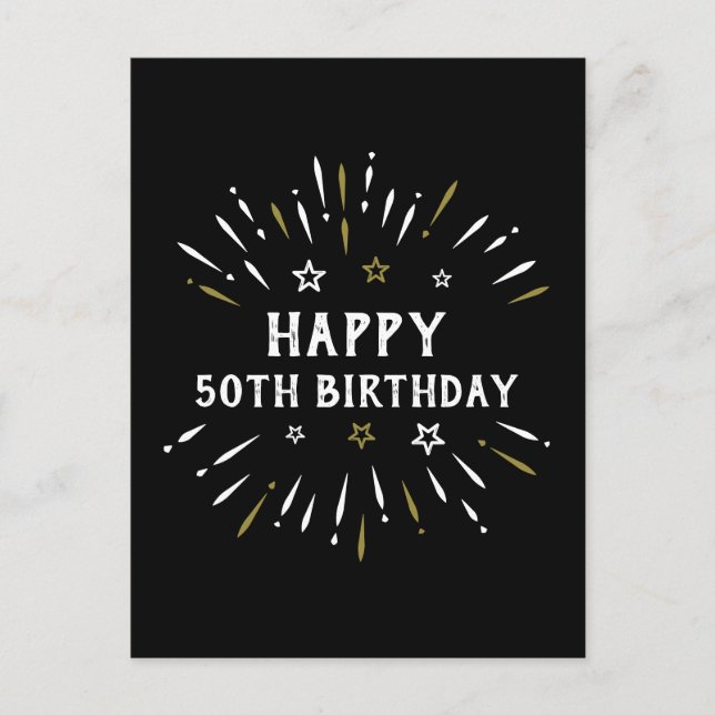 Happy 50th Birthday Fireworks Black White Gold Postcard (Front)