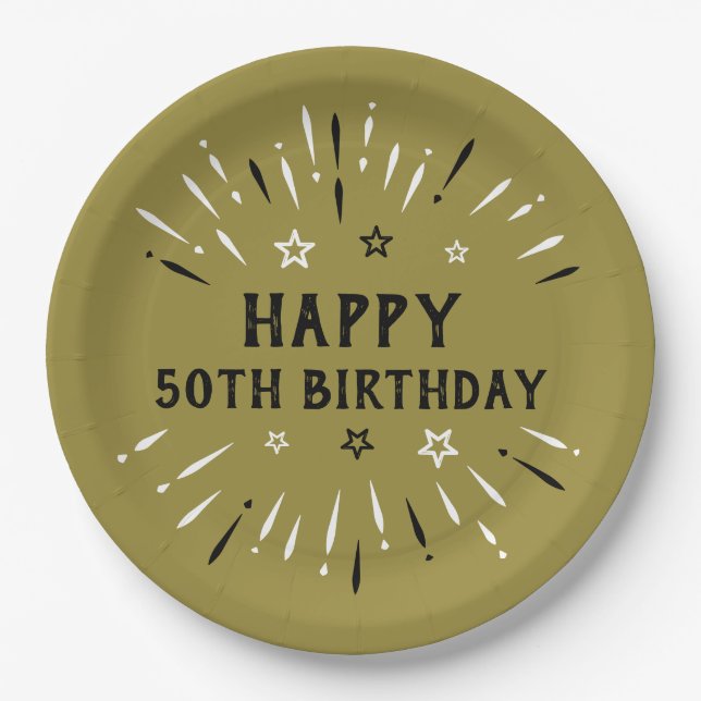 Happy 50th Birthday Fireworks Gold Black White Paper Plates (Front)