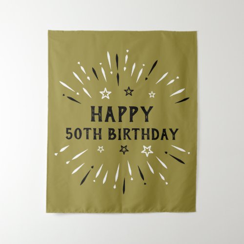 Happy 50th Birthday Fireworks Gold Black White Tapestry