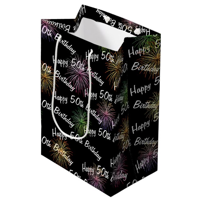 Happy 50th Birthday fireworks on black Medium Gift Bag (Front Angled)
