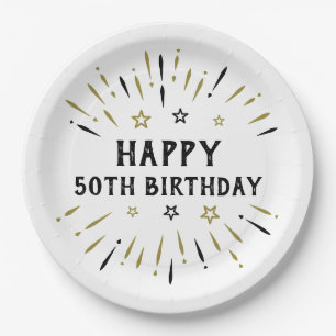 Happy 50th Birthday Fireworks White Black Gold Paper Plates