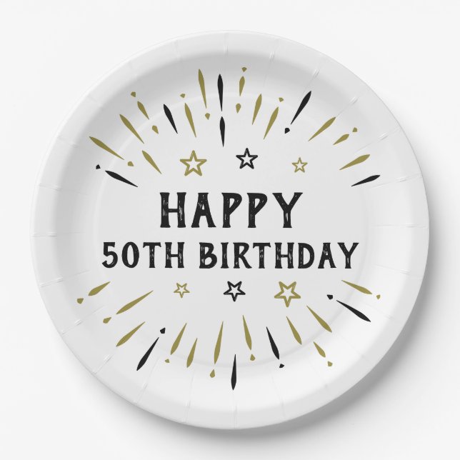 Happy 50th Birthday Fireworks White Black Gold Paper Plates (Front)