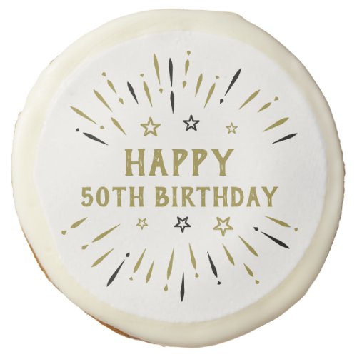 Happy 50th Birthday Fireworks White Black Gold Sugar Cookie