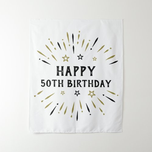 Happy 50th Birthday Fireworks White Black Gold Tapestry