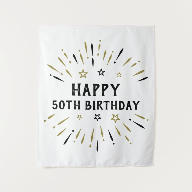 Happy 50th Birthday Fireworks White Black Gold Tapestry (Front)