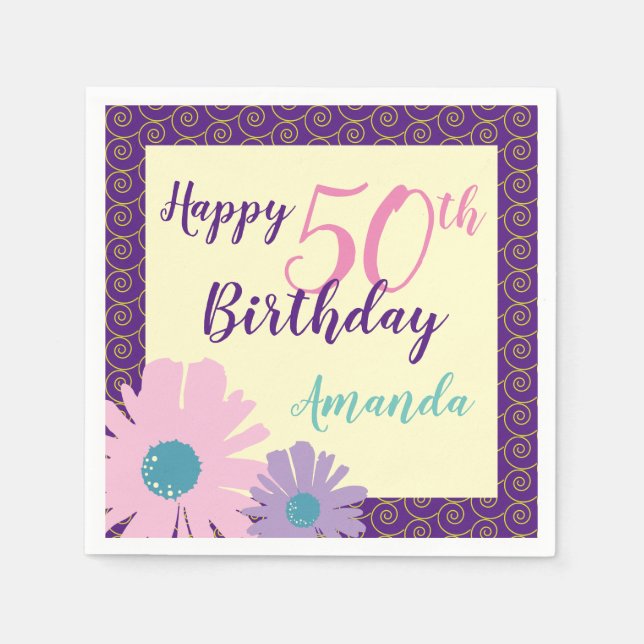 Happy 50th Birthday Floral Flowers Napkins (Front)
