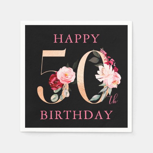 Happy 50th Birthday Gold Black Floral Party  Napkins